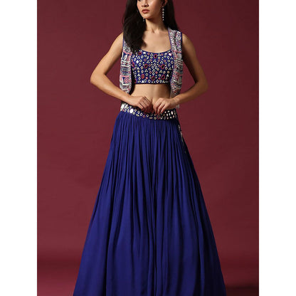 "Two Sisters" by Gyans Blue Mirror Work Blouse & Lehenga with Cape (Set of 3)
