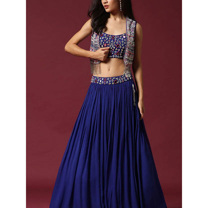 "Two Sisters" by Gyans Blue Mirror Work Blouse & Lehenga with Cape (Set of 3)