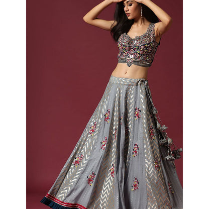 "Two Sisters" by Gyans Grey Hand Embroidered Banarasi Blouse & Lehenga with Dupatta (Set of 3)