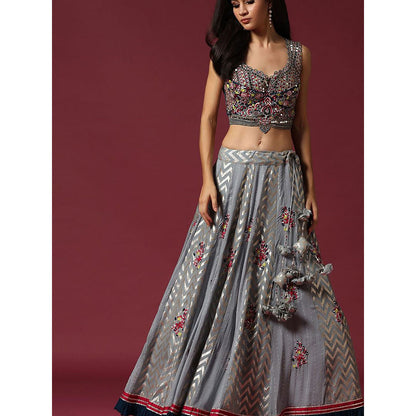 "Two Sisters" by Gyans Grey Hand Embroidered Banarasi Blouse & Lehenga with Dupatta (Set of 3)
