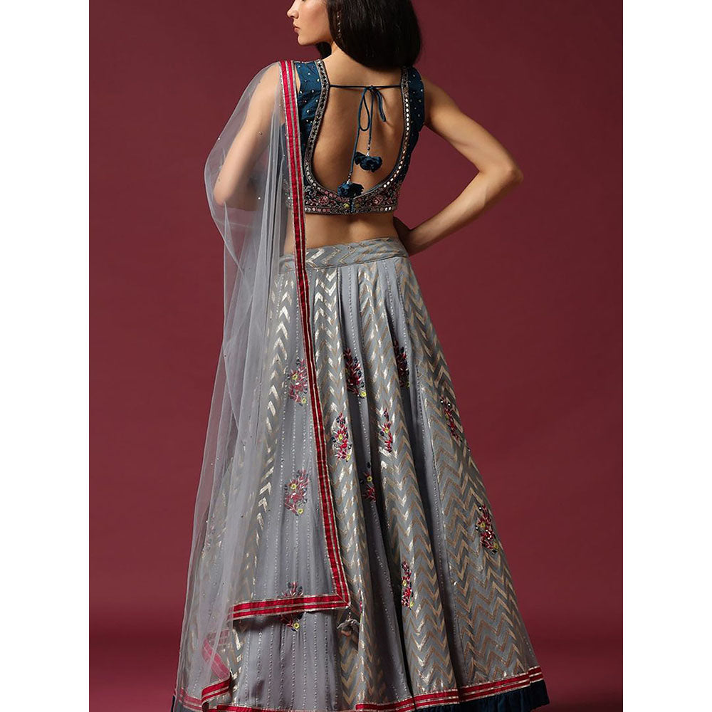 "Two Sisters" by Gyans Grey Hand Embroidered Banarasi Blouse & Lehenga with Dupatta (Set of 3)