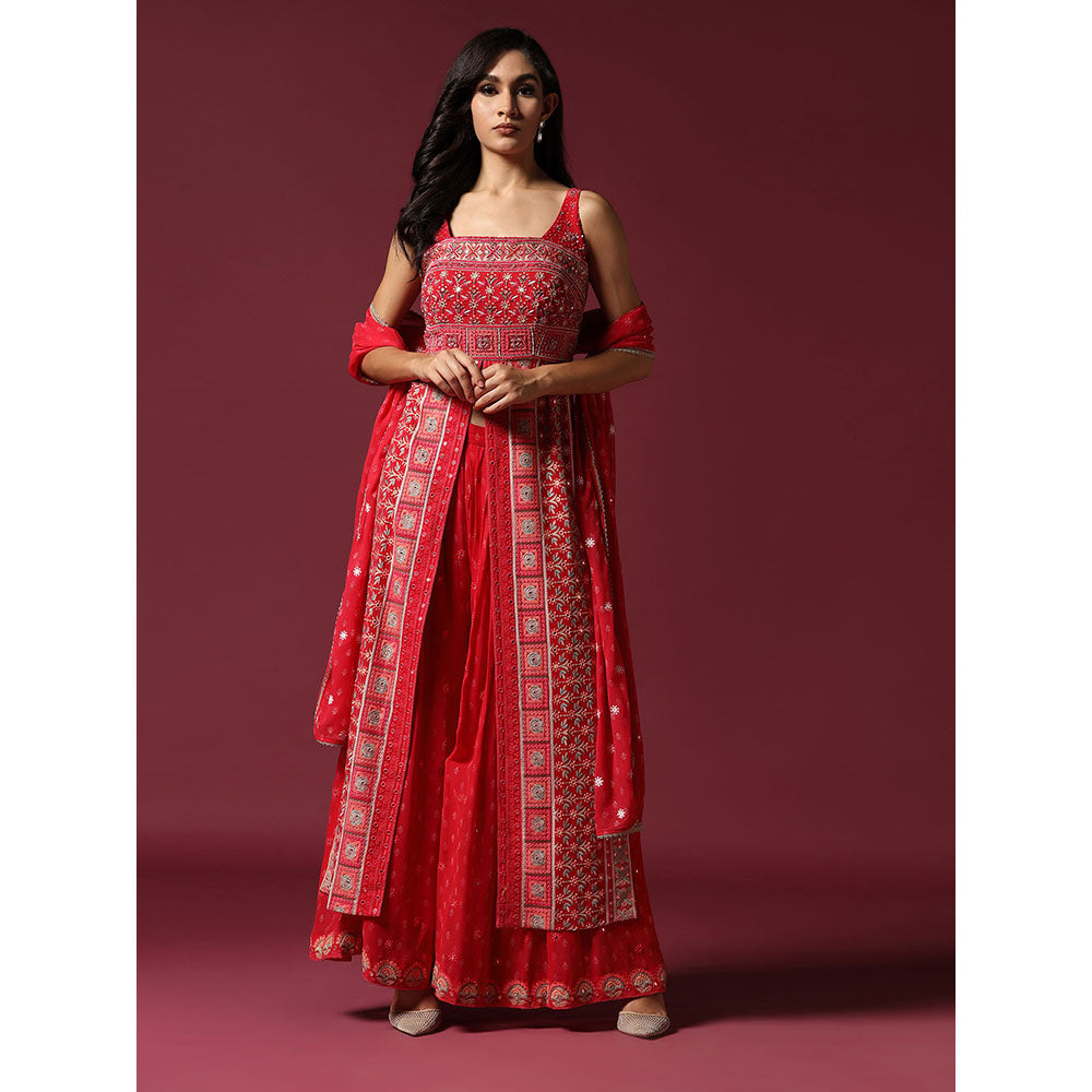 "Two Sisters" by Gyans Red Printed And Embroidered Kurta with Sharara & Dupatta (Set of 3)