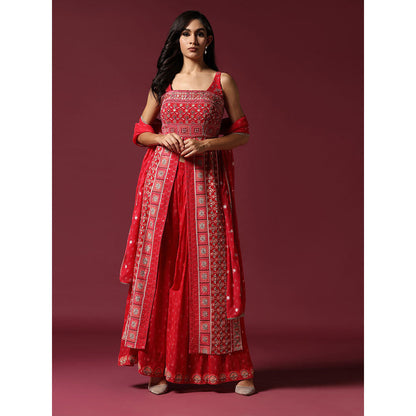 "Two Sisters" by Gyans Red Printed And Embroidered Kurta with Sharara & Dupatta (Set of 3)