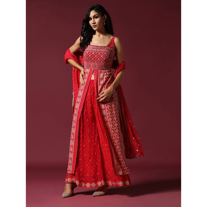 "Two Sisters" by Gyans Red Printed And Embroidered Kurta with Sharara & Dupatta (Set of 3)