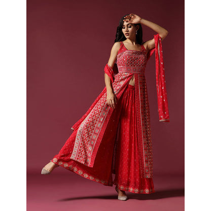 "Two Sisters" by Gyans Red Printed And Embroidered Kurta with Sharara & Dupatta (Set of 3)