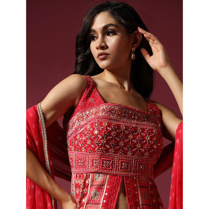"Two Sisters" by Gyans Red Printed And Embroidered Kurta with Sharara & Dupatta (Set of 3)