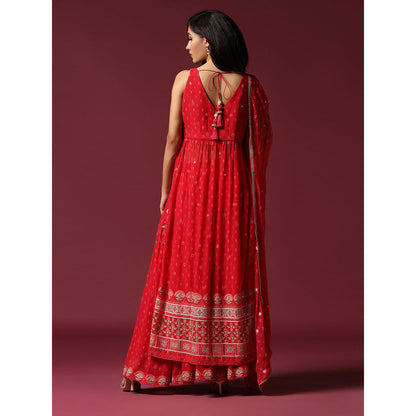 "Two Sisters" by Gyans Red Printed And Embroidered Kurta with Sharara & Dupatta (Set of 3)