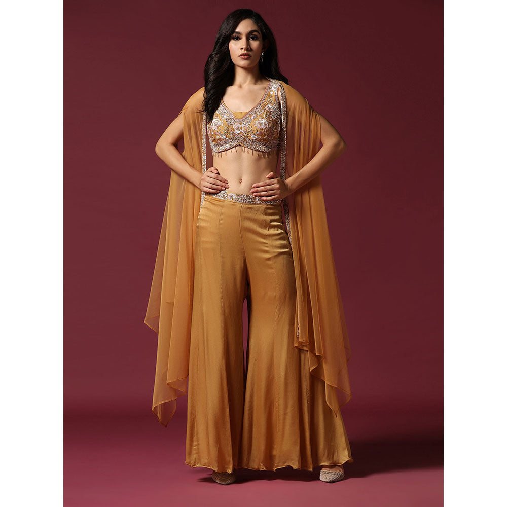 "Two Sisters" by Gyans Gold Embroidered Blouse with Cape & Palazzo (Set of 3)