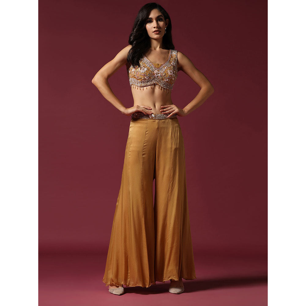 "Two Sisters" by Gyans Gold Embroidered Blouse with Cape & Palazzo (Set of 3)