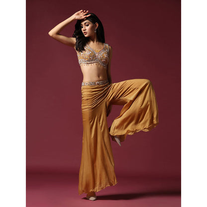 "Two Sisters" by Gyans Gold Embroidered Blouse with Cape & Palazzo (Set of 3)