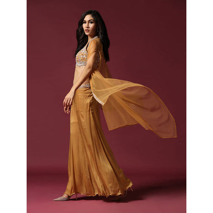 "Two Sisters" by Gyans Gold Embroidered Blouse with Cape & Palazzo (Set of 3)