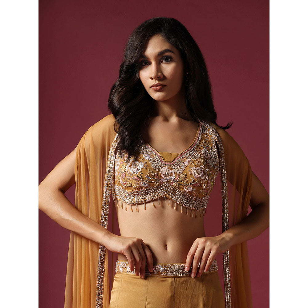 "Two Sisters" by Gyans Gold Embroidered Blouse with Cape & Palazzo (Set of 3)