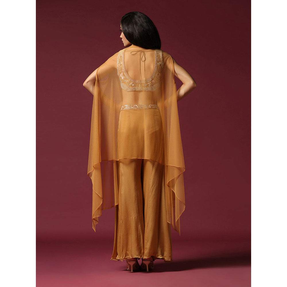 "Two Sisters" by Gyans Gold Embroidered Blouse with Cape & Palazzo (Set of 3)