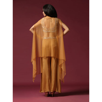 "Two Sisters" by Gyans Gold Embroidered Blouse with Cape & Palazzo (Set of 3)