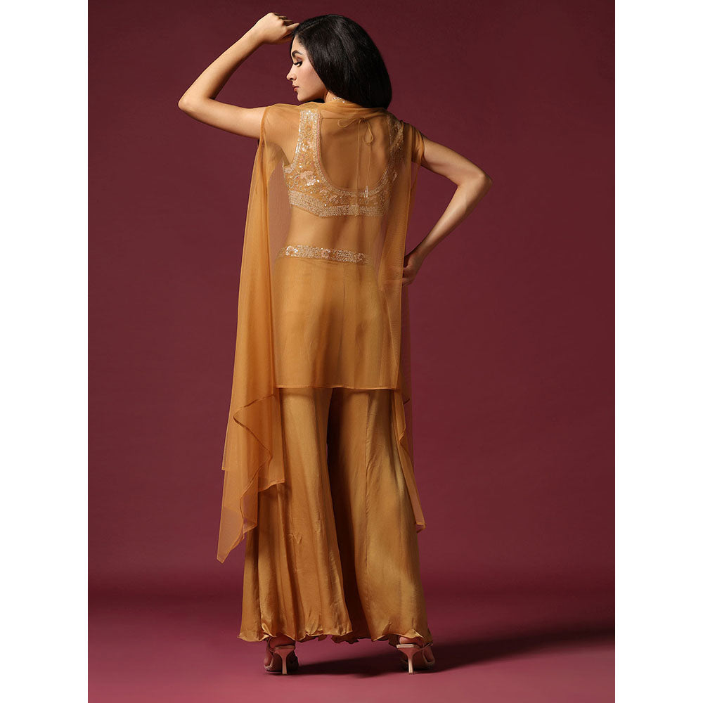 "Two Sisters" by Gyans Gold Embroidered Blouse with Cape & Palazzo (Set of 3)