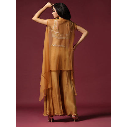 "Two Sisters" by Gyans Gold Embroidered Blouse with Cape & Palazzo (Set of 3)