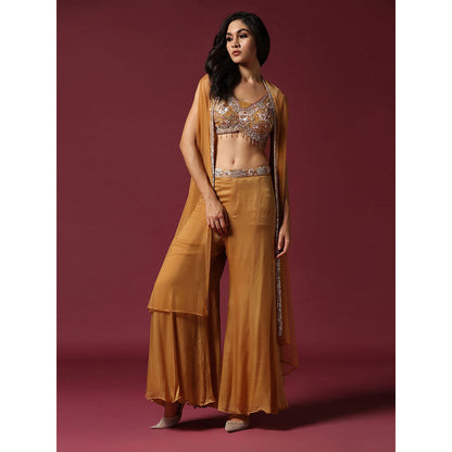 "Two Sisters" by Gyans Gold Embroidered Blouse with Cape & Palazzo (Set of 3)