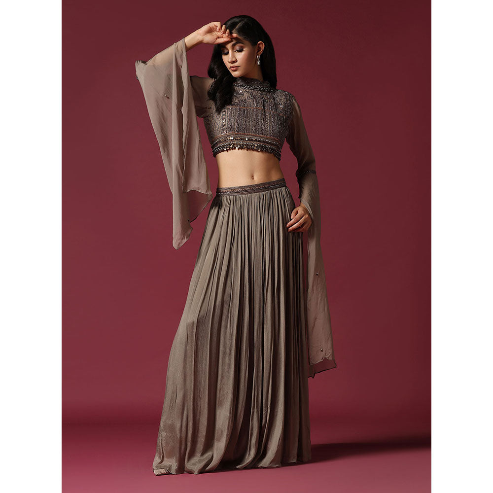 "Two Sisters" by Gyans Grey Hand Embroidered Crop Top & Skirt (Set of 2)