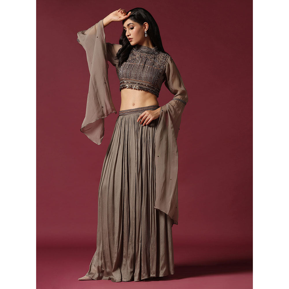 "Two Sisters" by Gyans Grey Hand Embroidered Crop Top & Skirt (Set of 2)