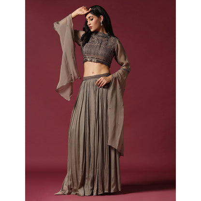 "Two Sisters" by Gyans Grey Hand Embroidered Crop Top & Skirt (Set of 2)