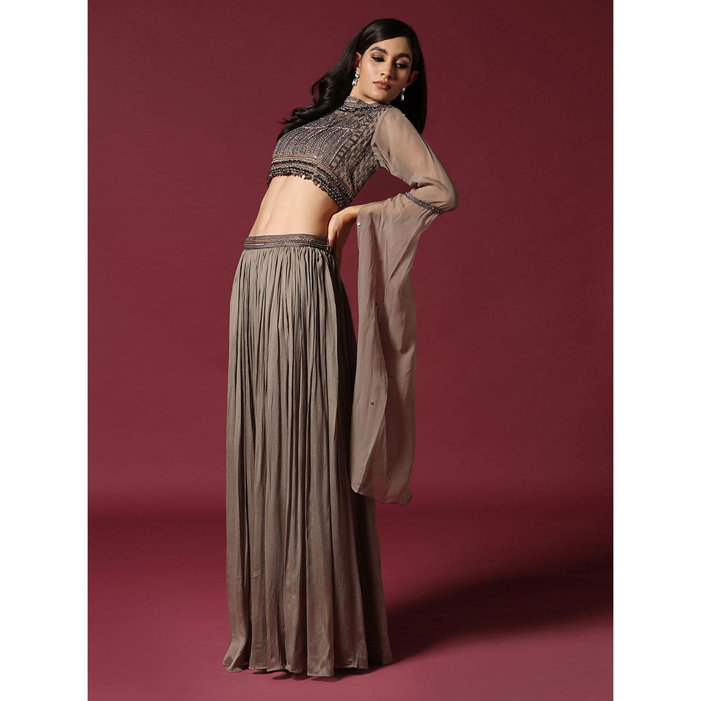 "Two Sisters" by Gyans Grey Hand Embroidered Crop Top & Skirt (Set of 2)