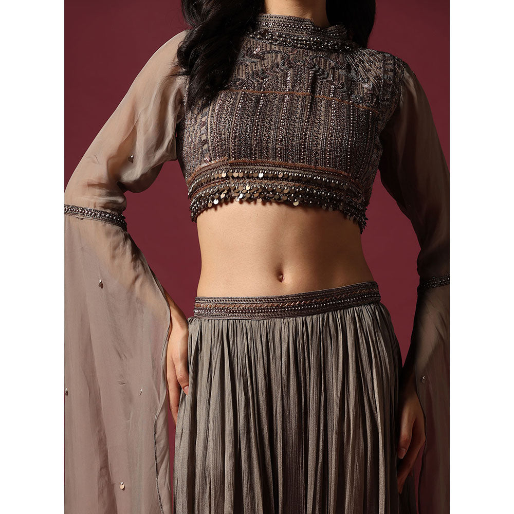 "Two Sisters" by Gyans Grey Hand Embroidered Crop Top & Skirt (Set of 2)