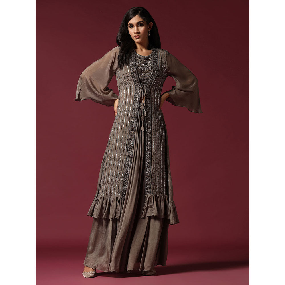 "Two Sisters" by Gyans Grey Hand Embroidered Blouse with Jacket & Lehenga (Set of 3)