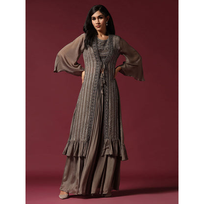 "Two Sisters" by Gyans Grey Hand Embroidered Blouse with Jacket & Lehenga (Set of 3)