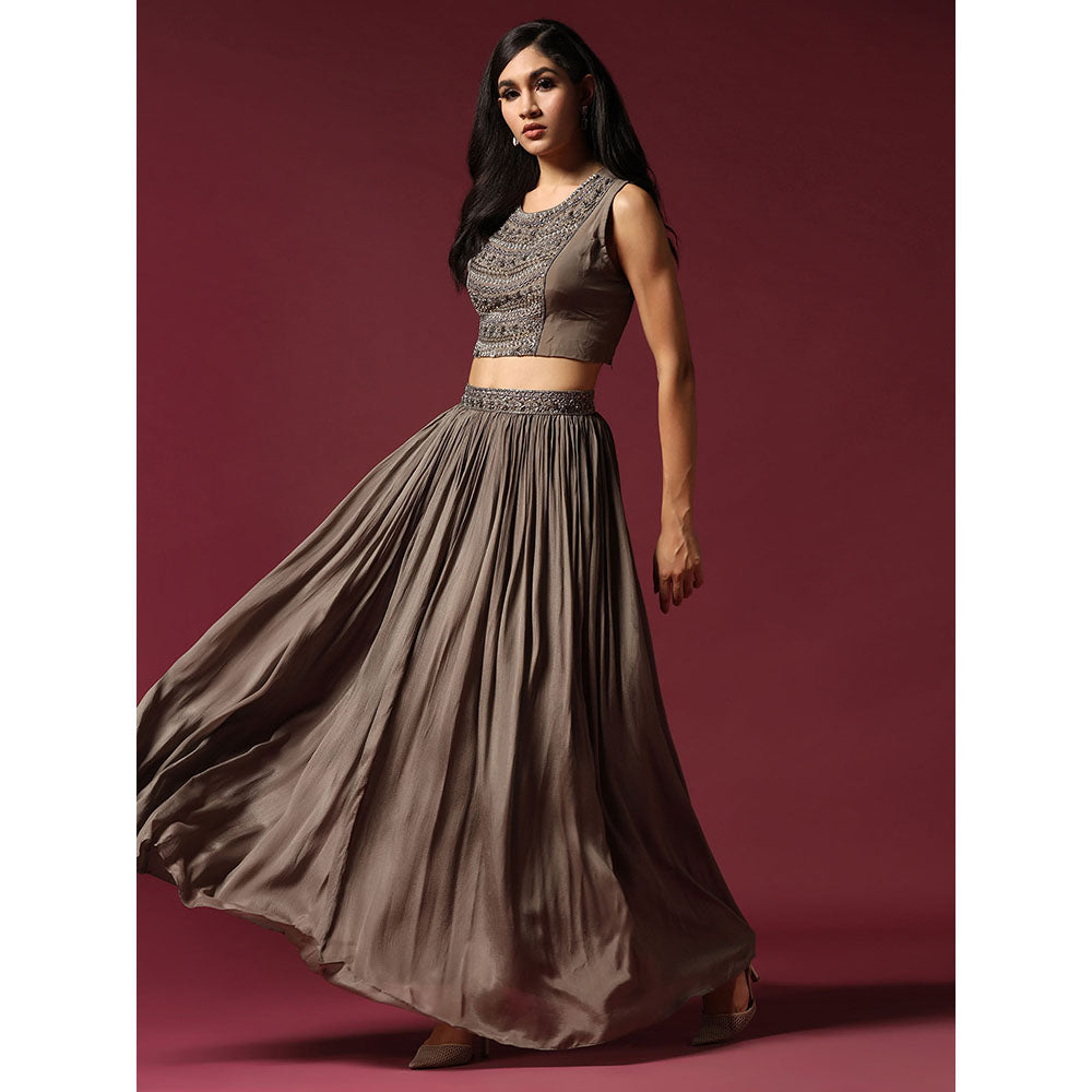 "Two Sisters" by Gyans Grey Hand Embroidered Blouse with Jacket & Lehenga (Set of 3)