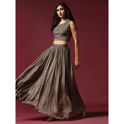 "Two Sisters" by Gyans Grey Hand Embroidered Blouse with Jacket & Lehenga (Set of 3)