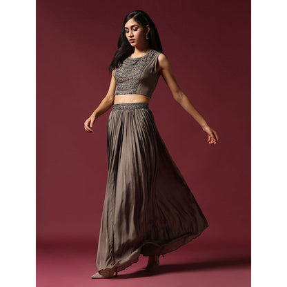 "Two Sisters" by Gyans Grey Hand Embroidered Blouse with Jacket & Lehenga (Set of 3)