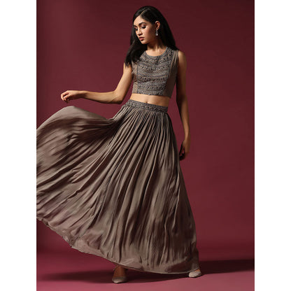 "Two Sisters" by Gyans Grey Hand Embroidered Blouse with Jacket & Lehenga (Set of 3)