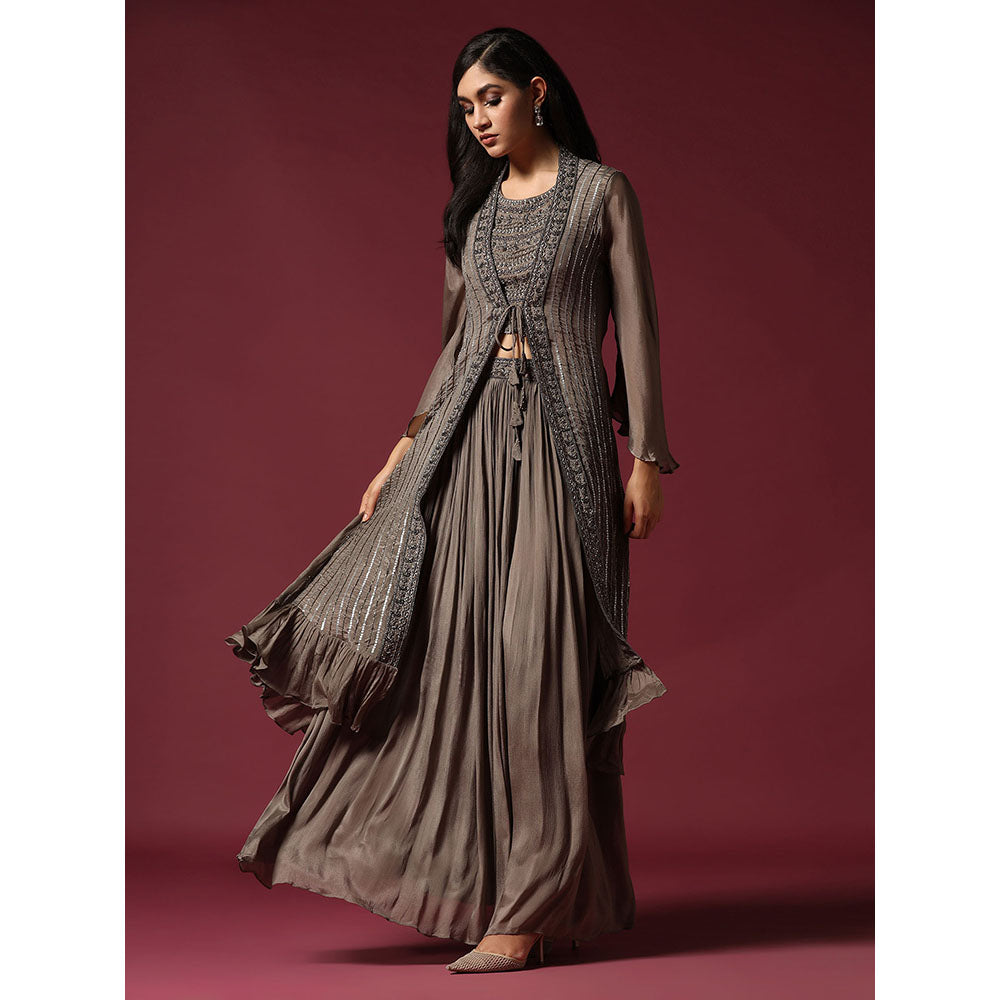 "Two Sisters" by Gyans Grey Hand Embroidered Blouse with Jacket & Lehenga (Set of 3)