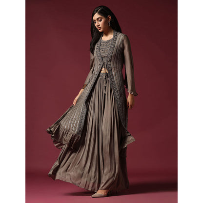 "Two Sisters" by Gyans Grey Hand Embroidered Blouse with Jacket & Lehenga (Set of 3)
