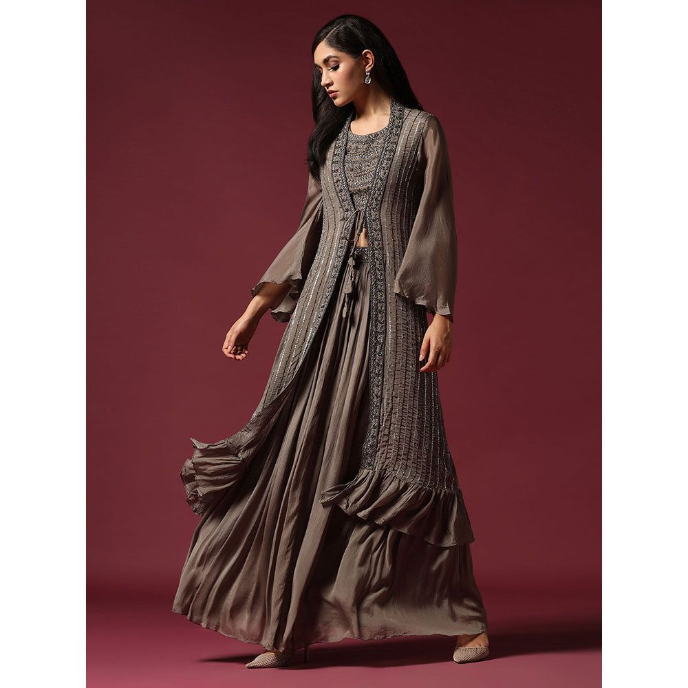 "Two Sisters" by Gyans Grey Hand Embroidered Blouse with Jacket & Lehenga (Set of 3)