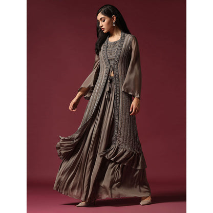"Two Sisters" by Gyans Grey Hand Embroidered Blouse with Jacket & Lehenga (Set of 3)