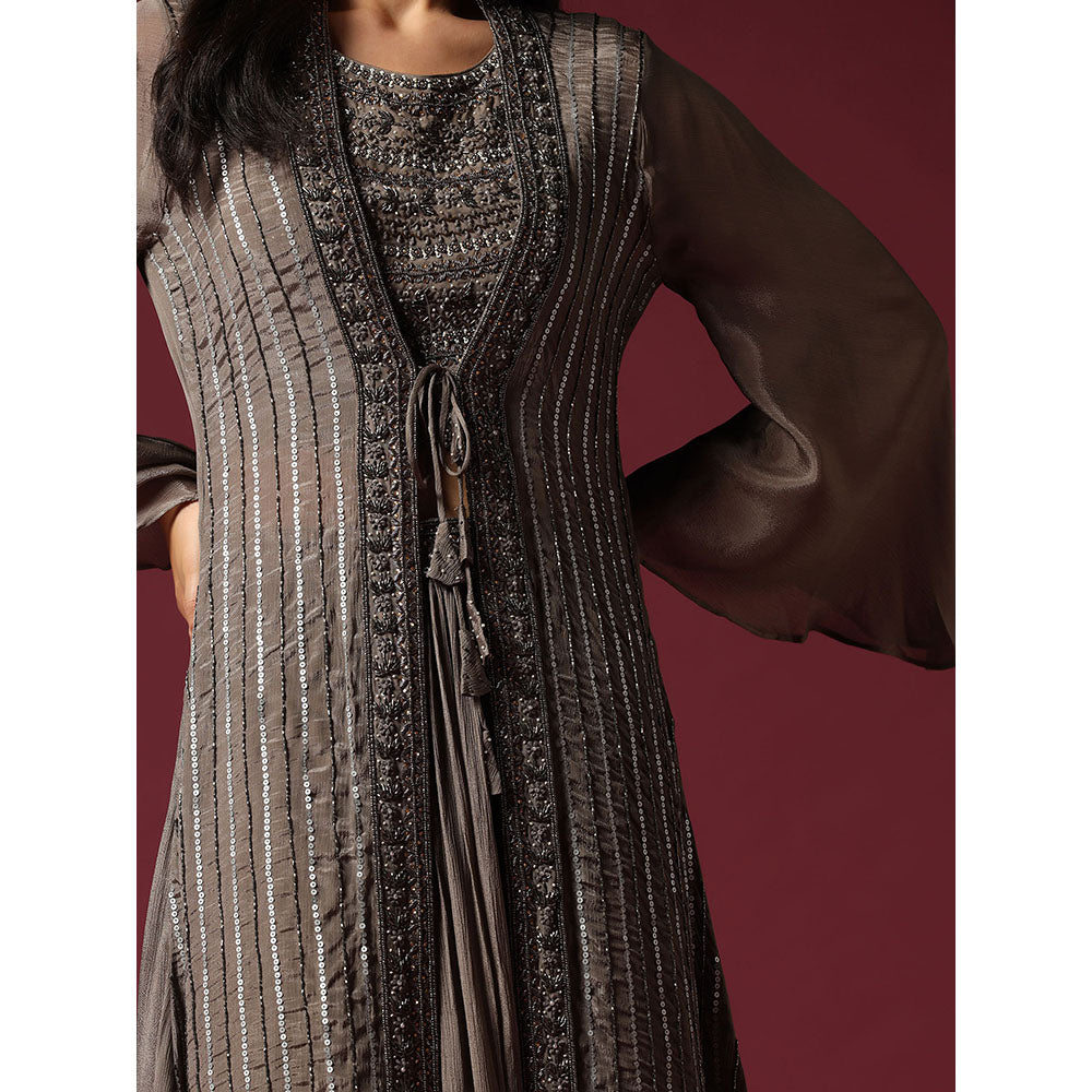 "Two Sisters" by Gyans Grey Hand Embroidered Blouse with Jacket & Lehenga (Set of 3)