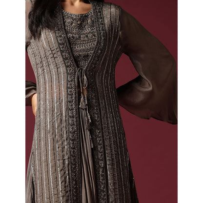 "Two Sisters" by Gyans Grey Hand Embroidered Blouse with Jacket & Lehenga (Set of 3)