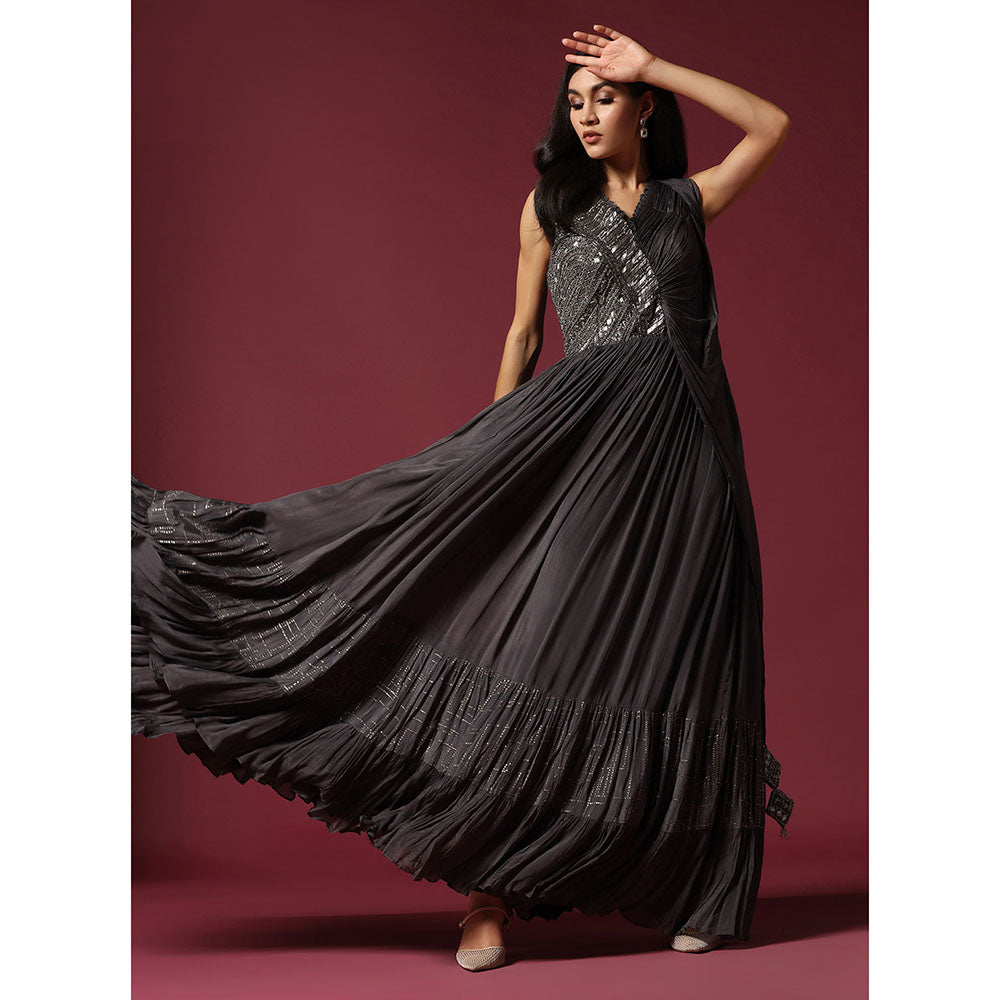 "Two Sisters" by Gyans Dark Grey Embroidered Dress