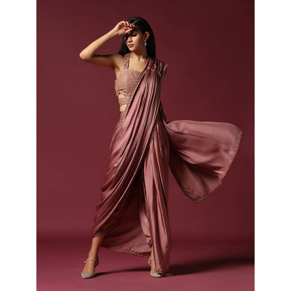 "Two Sisters" by Gyans Dusty Pink Dhoti Pre-Draped Saree with Stitched Blouse