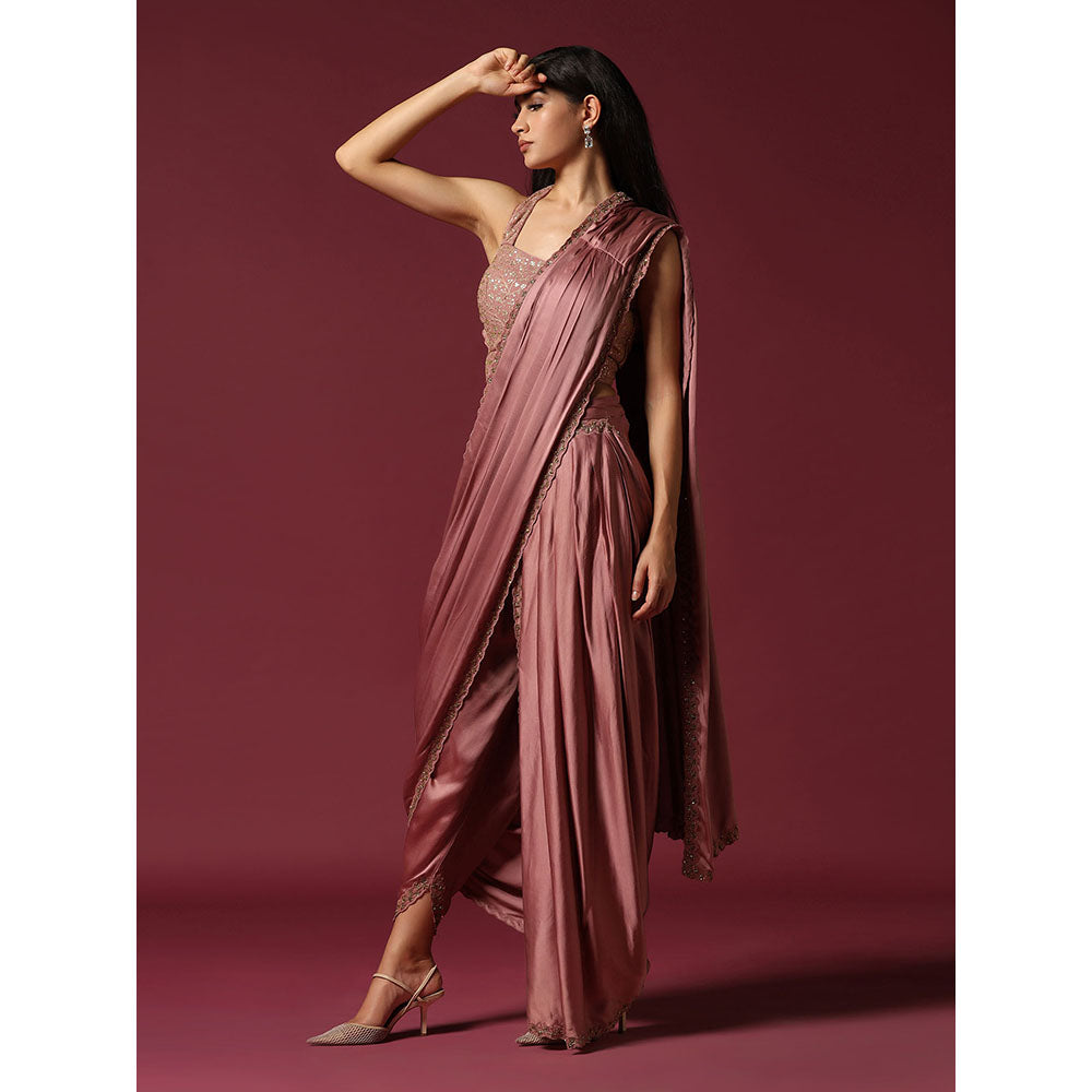 "Two Sisters" by Gyans Dusty Pink Dhoti Pre-Draped Saree with Stitched Blouse
