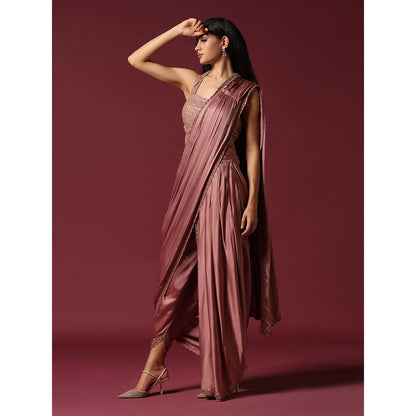 "Two Sisters" by Gyans Dusty Pink Dhoti Pre-Draped Saree with Stitched Blouse