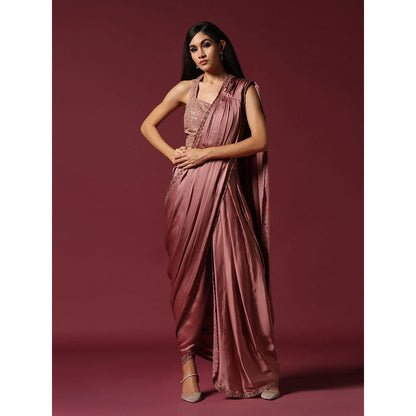 "Two Sisters" by Gyans Dusty Pink Dhoti Pre-Draped Saree with Stitched Blouse