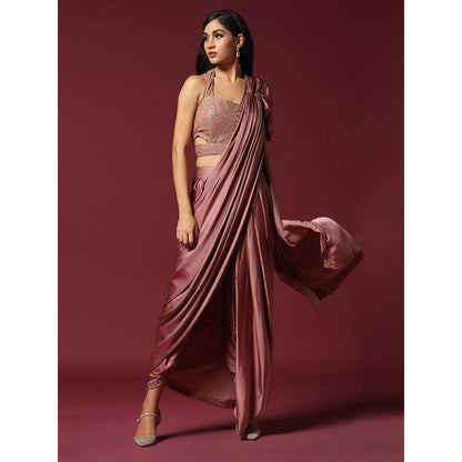 "Two Sisters" by Gyans Dusty Pink Dhoti Pre-Draped Saree with Stitched Blouse