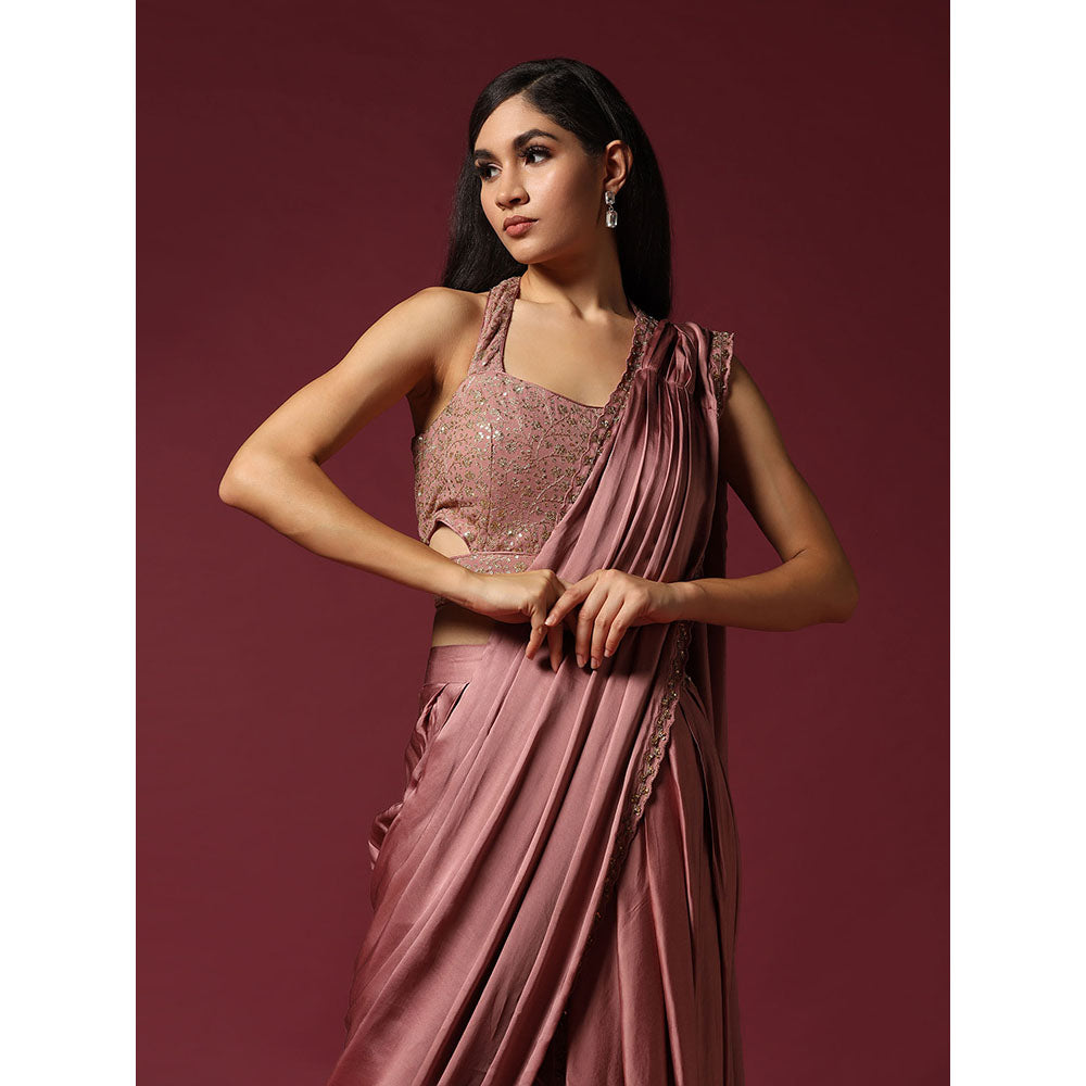 "Two Sisters" by Gyans Dusty Pink Dhoti Pre-Draped Saree with Stitched Blouse