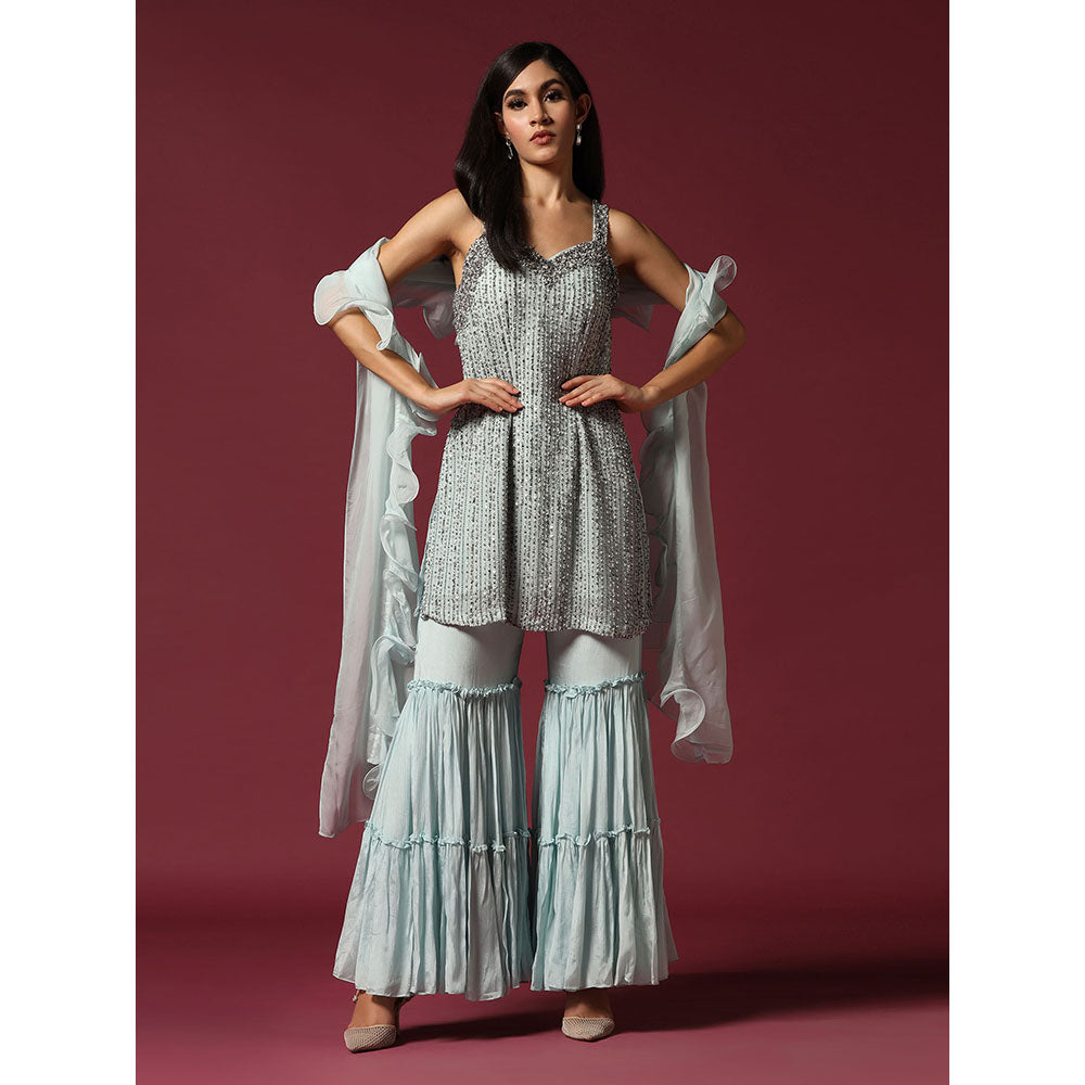 "Two Sisters" by Gyans Powder Blue Hand Embroidered Kurti with Gharara & Dupatta (Set of 3)