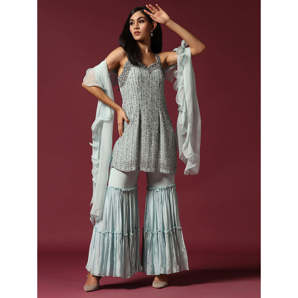 "Two Sisters" by Gyans Powder Blue Hand Embroidered Kurti with Gharara & Dupatta (Set of 3)