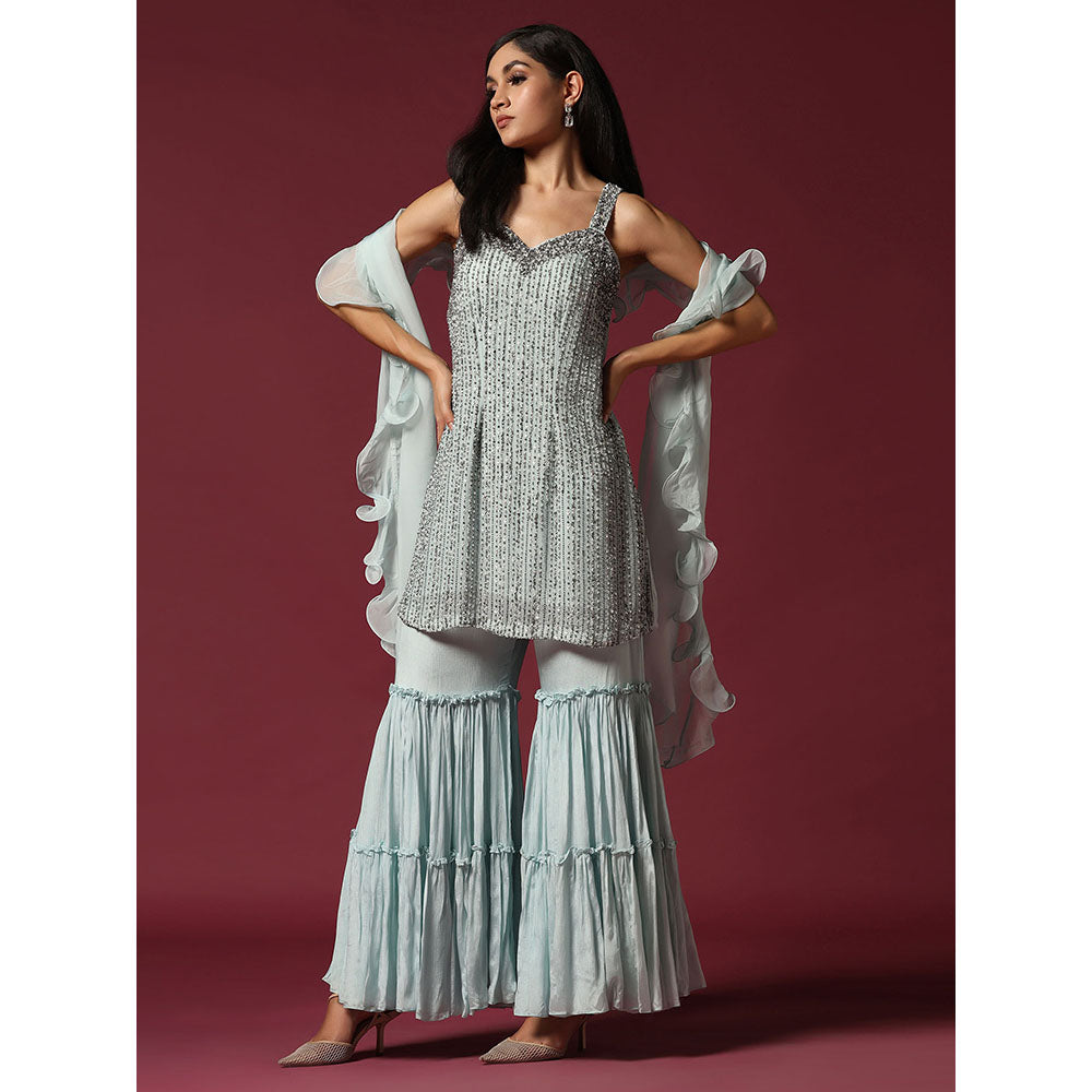 "Two Sisters" by Gyans Powder Blue Hand Embroidered Kurti with Gharara & Dupatta (Set of 3)