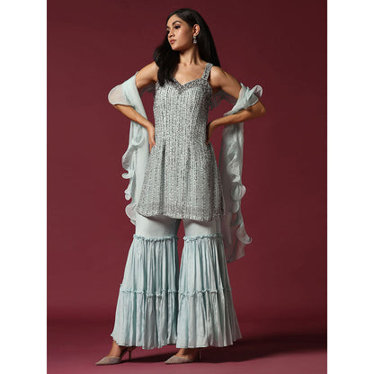 "Two Sisters" by Gyans Powder Blue Hand Embroidered Kurti with Gharara & Dupatta (Set of 3)