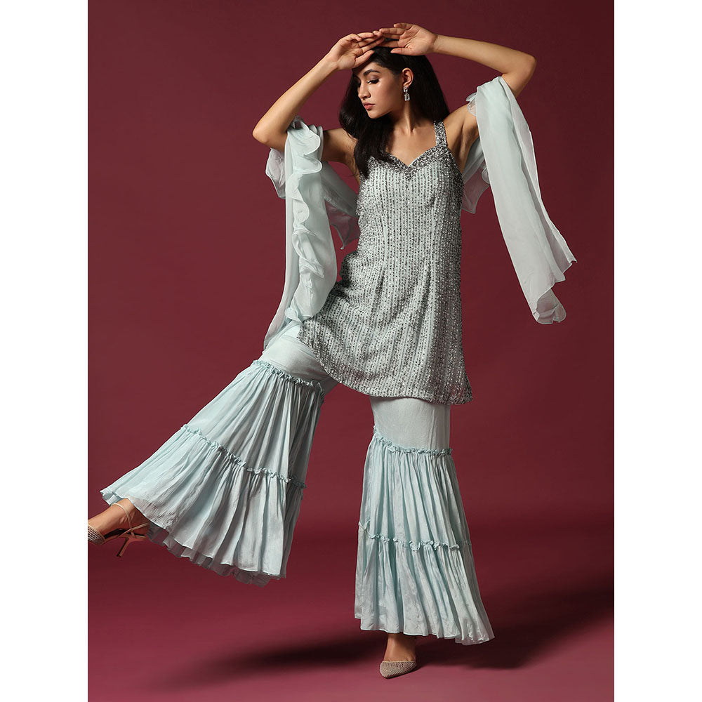 "Two Sisters" by Gyans Powder Blue Hand Embroidered Kurti with Gharara & Dupatta (Set of 3)